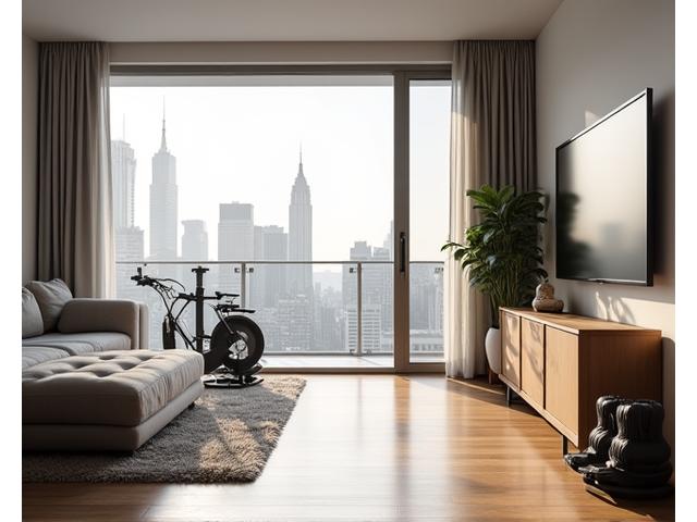 A rendering of a small city apartment with fitness equipment integrated subtly.